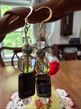 Green and Amber Glass Bead Drop Earrings - Unbranded